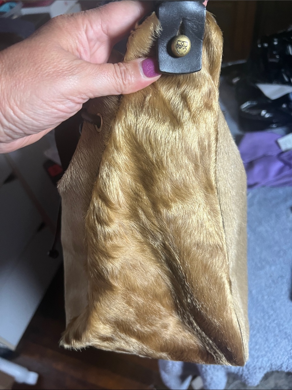 Bally Beige fur Drawstring Shoulder Bag with Striped Strap - Picture 6 of 8